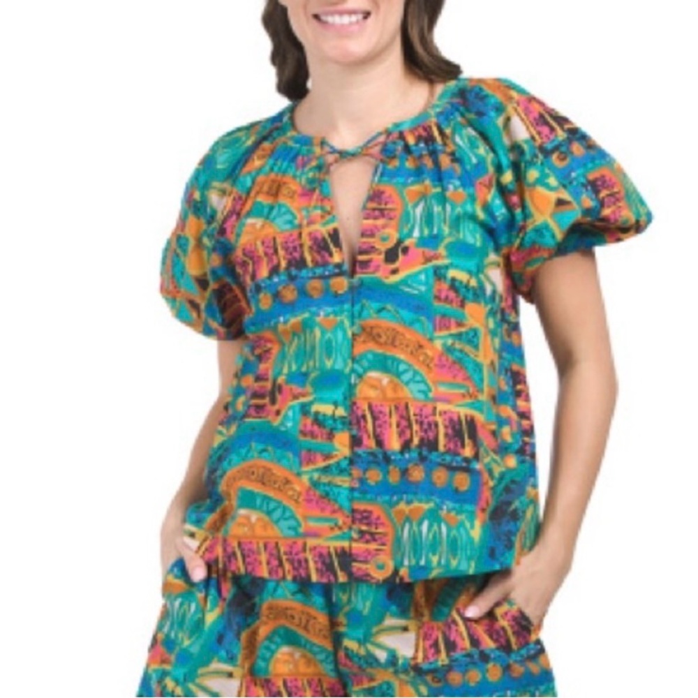 Cleobella Kai 100% Organic Cotton Puff Sleeve Tropical Print Blouse Size Small - Picture 3 of 12